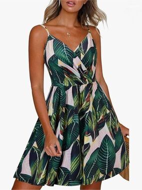 Newshows Tropical Print Floral Spaghetti Strap Sleeveless V-Neck Casual Dress L